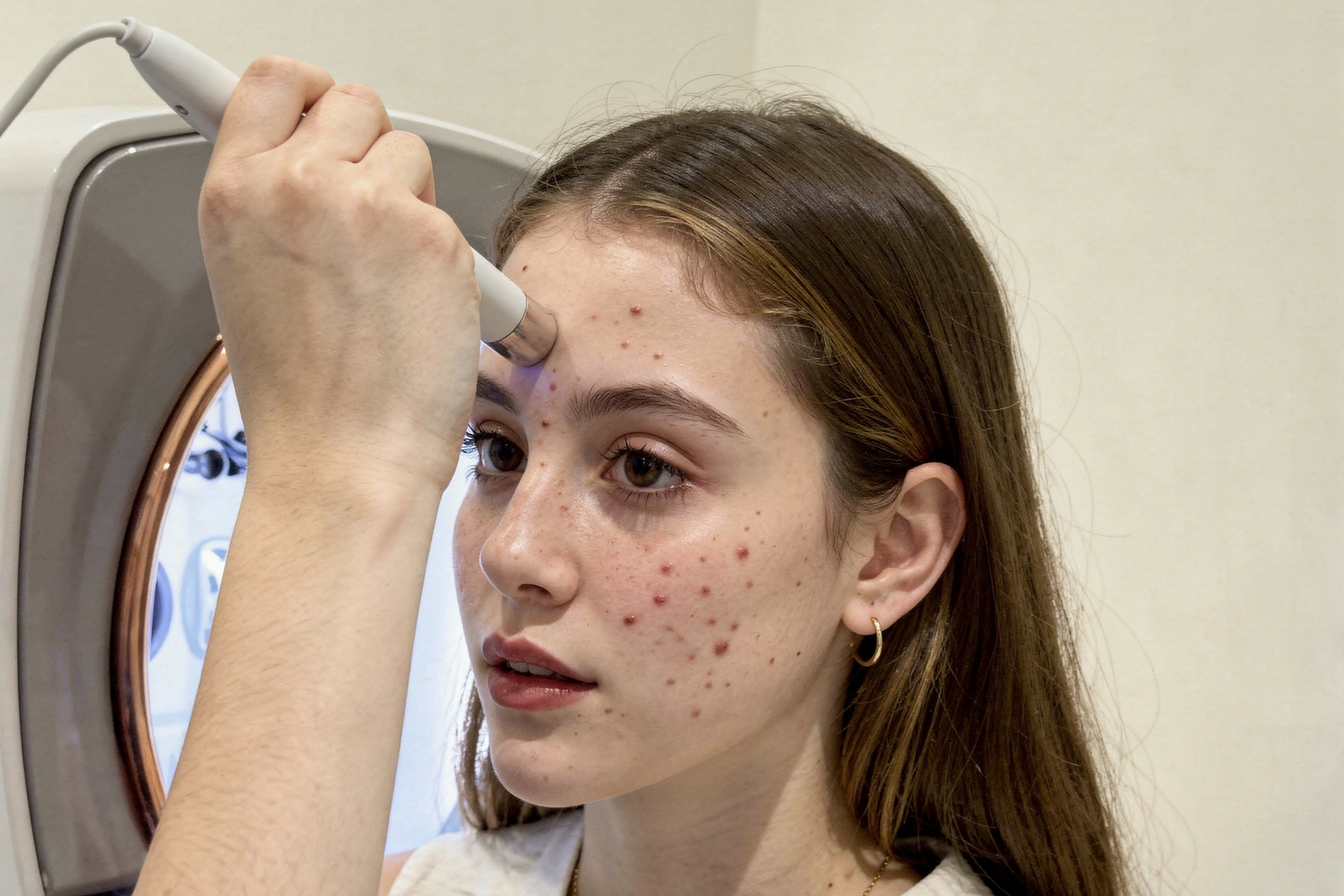 Enfermera Cutis realizando análisis facial HD a paciente en clínica